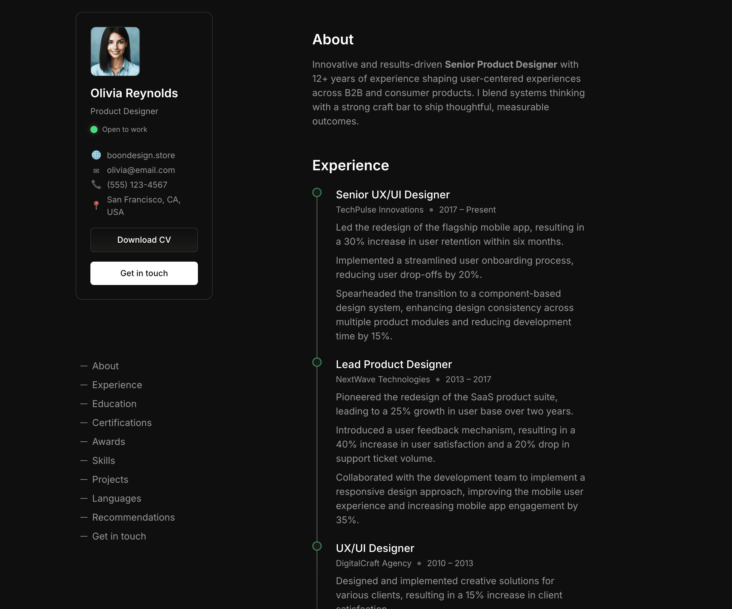 Emma Collins Product Designer Template - Hero, About, Experience Section Desktop View